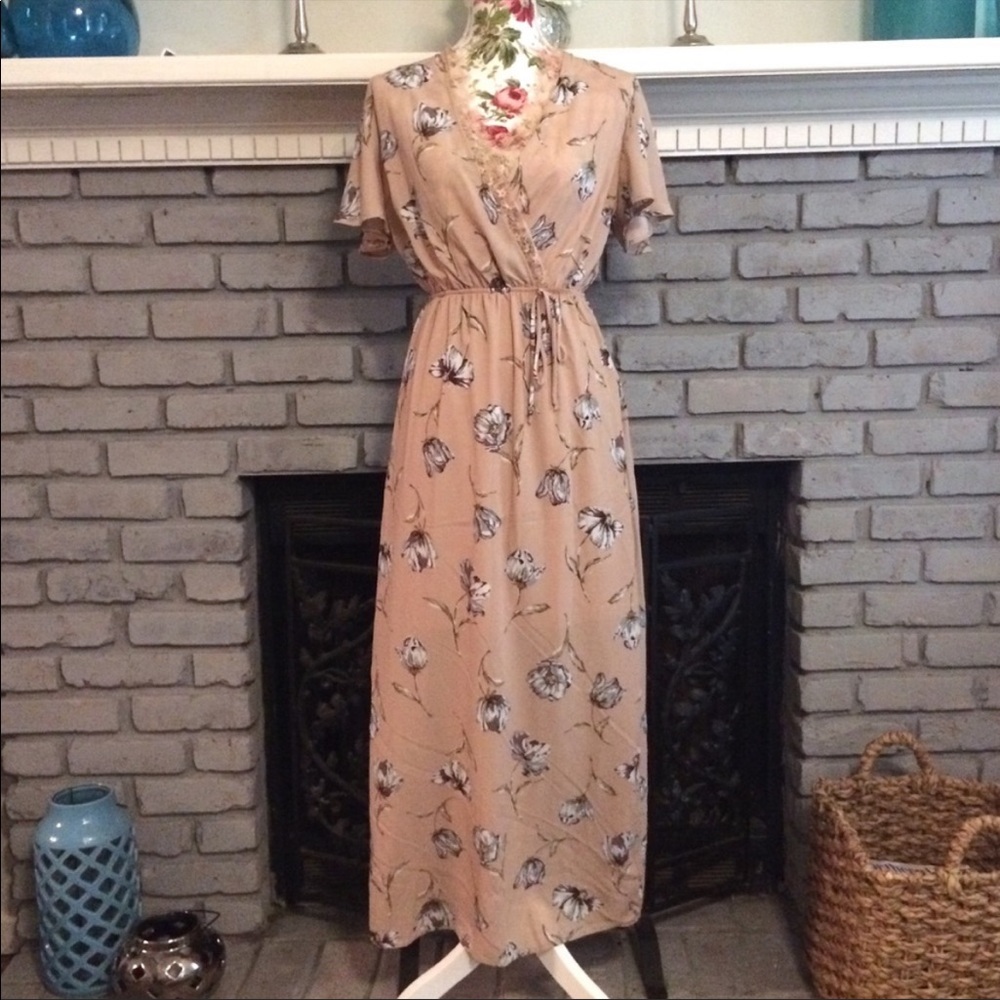 Mauve Pink Floral Print Maxi Dress Lace Trim Large